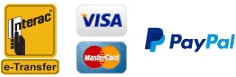 Interac e-Transfer, Visa, Mastercard, PayPal payment methods accepted