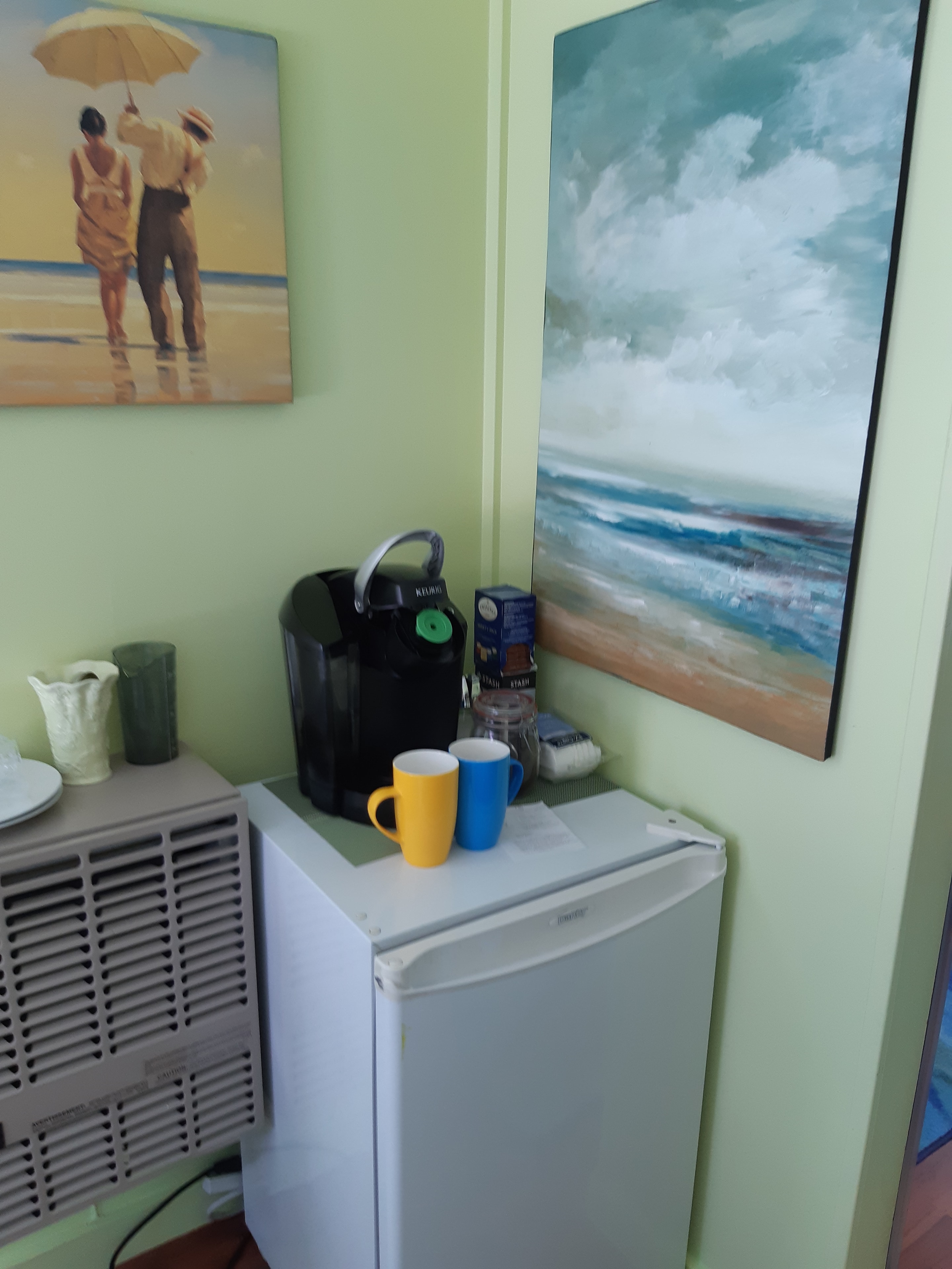 Ivy Room coffee station and mini fridge